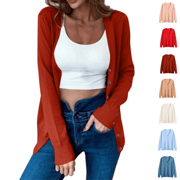 Odbmxy Long Sleeve Women Sweater V-Neck Sweater Cardigan Women Relaxed Fit Soft Red Button up Solid Sweaters