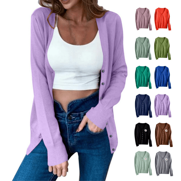 Odbmxy Long Sleeve Women Sweaters V-Neck Women Cardigan Sweater Plain Button up Purple Casual Regular Sweaters