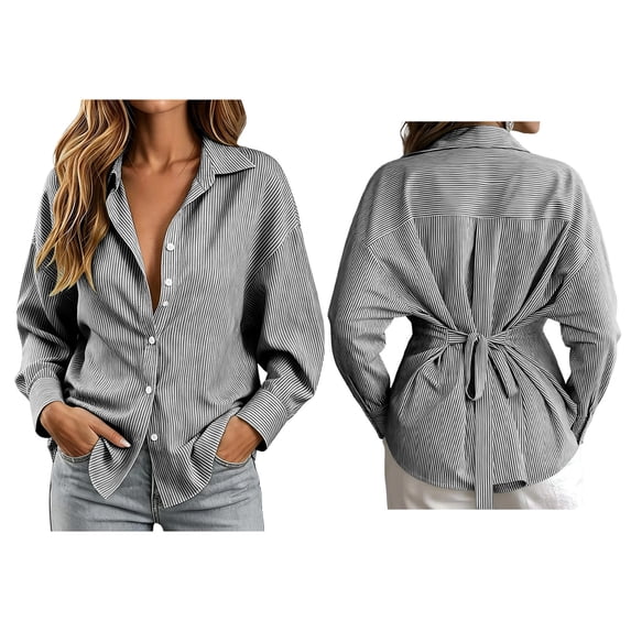 Odbmxy Long Sleeve Women's Shirts Striped Fall Collared Women's Blouses Regular Button Down Tie Back Casual Vacation