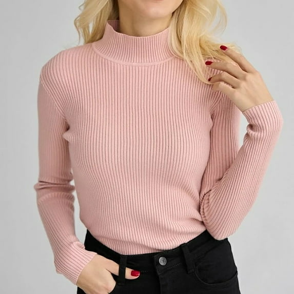 Odbmxy Long Sleeve Women's Sweaters Turtleneck Winter Sweaters for Women Solid Color Layering Slim Knit Pink Sweaters