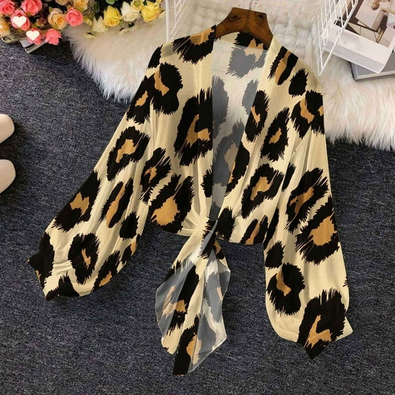 Odbmxy Long Sleeve Womens Cardigan Summer Tops for Women Leisure Loose Puff Sleeve Cropped Leopard Print Holiday Cardigans,S