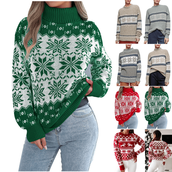 Odbmxy Long Sleeve Womens Christmas Tops Sweater Women Turtleneck Green Holiday Pullover Loose Sweaters