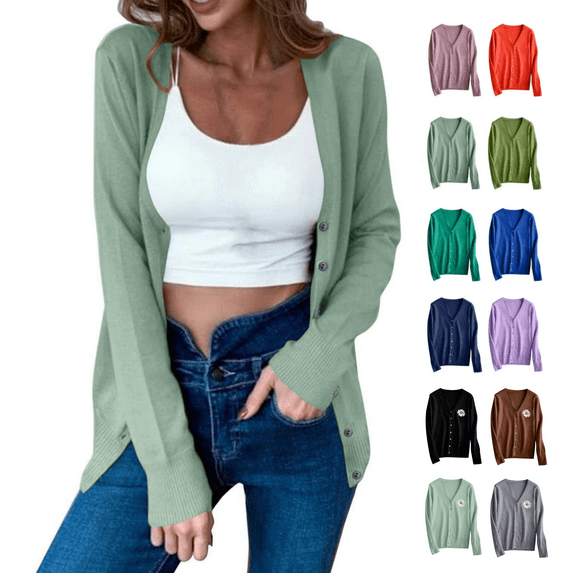 Odbmxy Long Sleeve Womens Plus Size Sweaters V-Neck Womens Sweaters Cardigan Regular Button up Green Plain Casual Sweaters