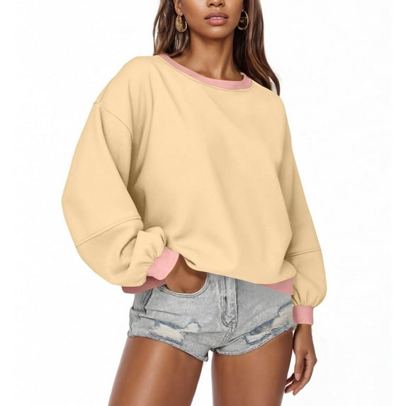 Odbmxy Long Sleeve Womens Sweatshirts No Hood Beige Tops Women Oversized Basic Solid Color Lightweight Sweatshirts,S