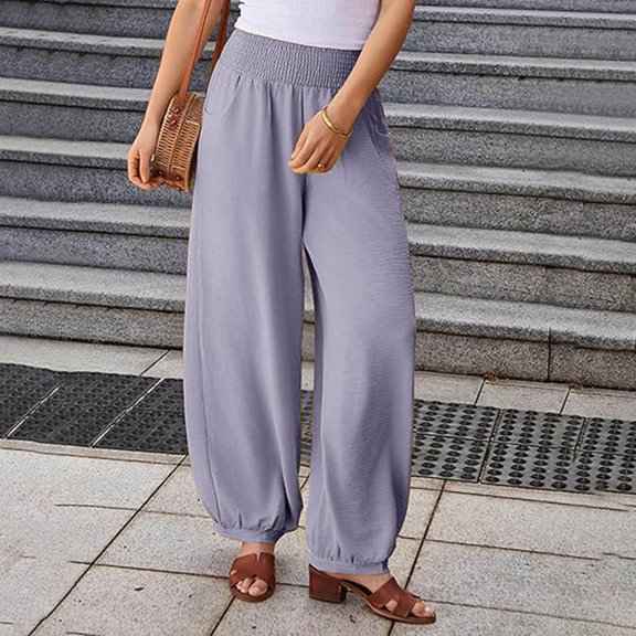 Odbmxy Long Womens Pants High Waist Wide-Leg Women's Trousers Workout Purple Palazzo with Pockets Stretch Loose Pants,L