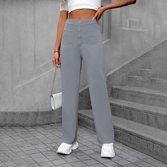 Odbmxy Long Womens Pants Plus High Waist Straight-Leg Trousers for Women Gray Casual Plain Loose Button Dressy Pants,S