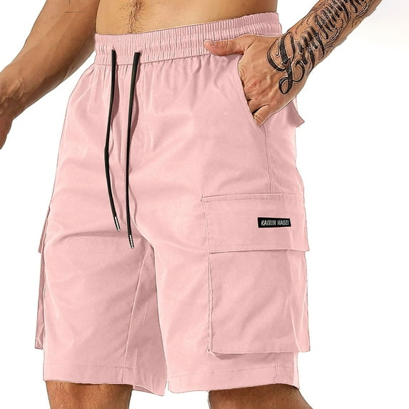 Odbmxy Men Shorts Cargo Athletic Mens Shorts Big and Tall Elastic Waist Pockets Solid Color Leisure Loose Shorts,Pink L