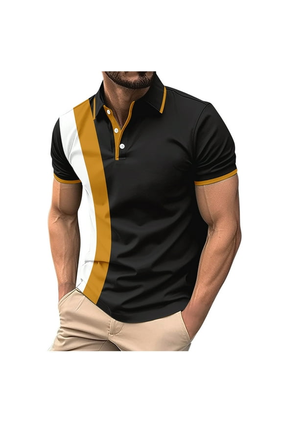 Men's Short Sleeve Polo Shirt Collared Tee Shirts for Men Casual Solid Patchwork Pull-On Regular Vintage Shirts,Black XL