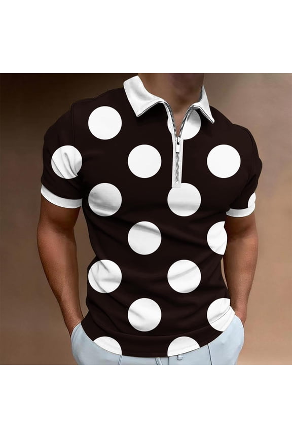 Mens Polo Shirts Short Sleeve Collared Clothes for Men Zipper Retro Casual Breathable Loose Polka Dots Shirts,Black XL