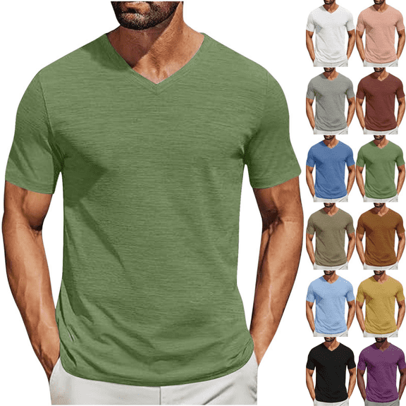 Odbmxy Mens Shirts Short Sleeve Cotton Clothing for Men Regular Layering V-Neck Casual Solid Basic Workout Shirts,Green L