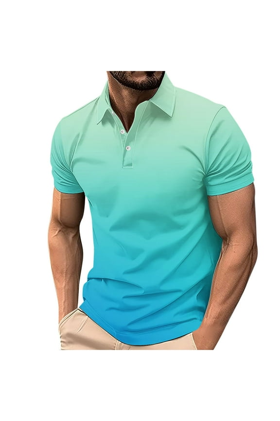 Mens Shirts Short Sleeve Polo Turn Down Collar T Shirts for Men Leisure Regular Button Gradient Print Shirts,Blue M