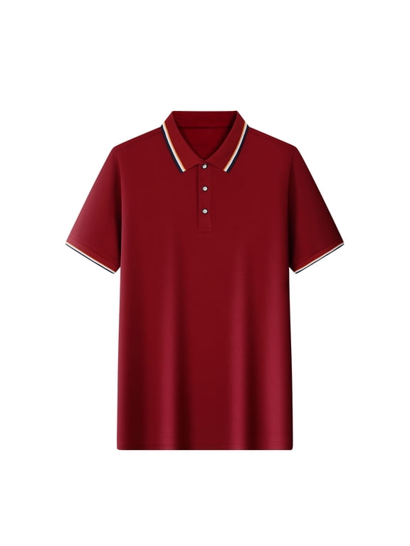 Mens Short Sleeve Polo Shirts Collared Tee Shirts for Men Daily Loose Leisure Solid Color Comfortable Shirts,Red L