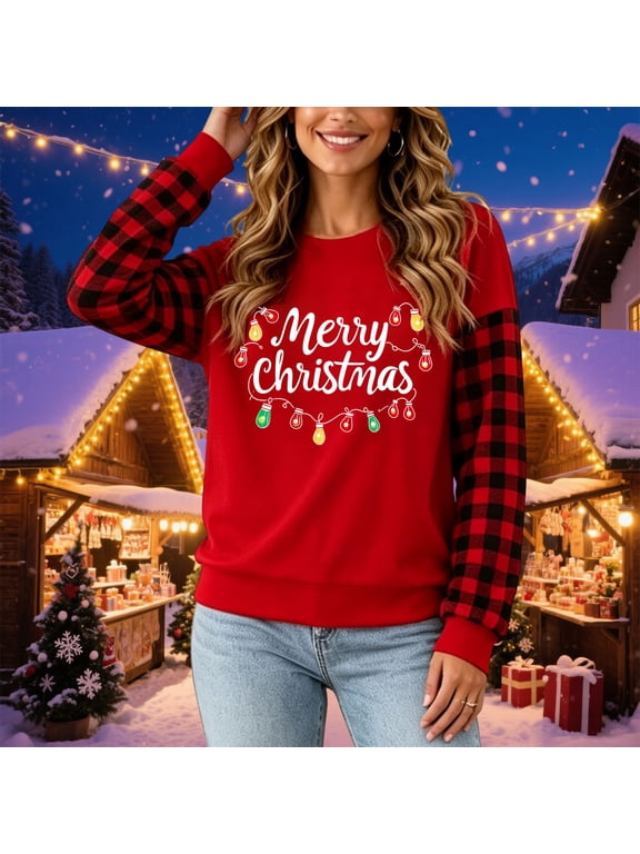 Merry Sweatshirts for Women Crew Neck Winter Shirts for Women Going Out Casual Plaid Long Sleeve Print