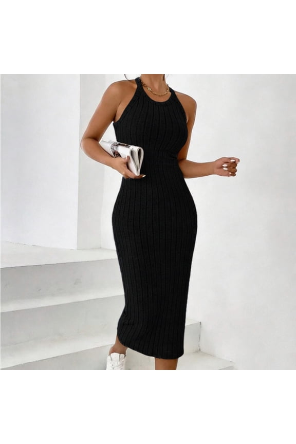 Midi Dress Women Sleeveless Wrap Womens Plus Dresses Solid Color Workout Fancy Slim Black Bodycon Ribbed Dress