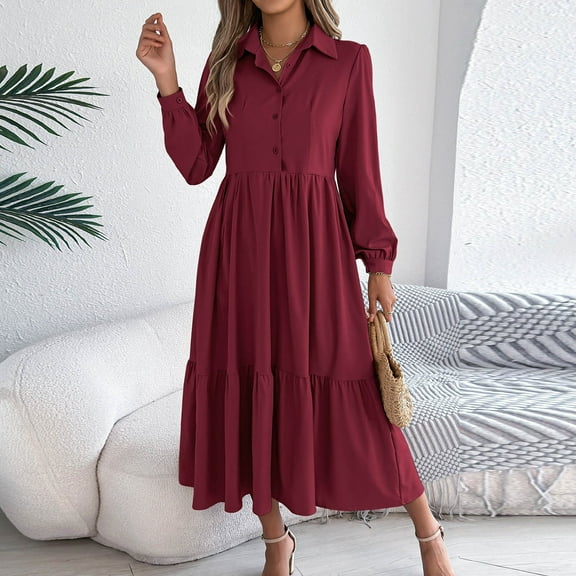 Odbmxy Midi Dress Women Tunic Long Sleeve Womens Dress Button Loose Holiday Peplum Solid Color Collared Dresses,Red L