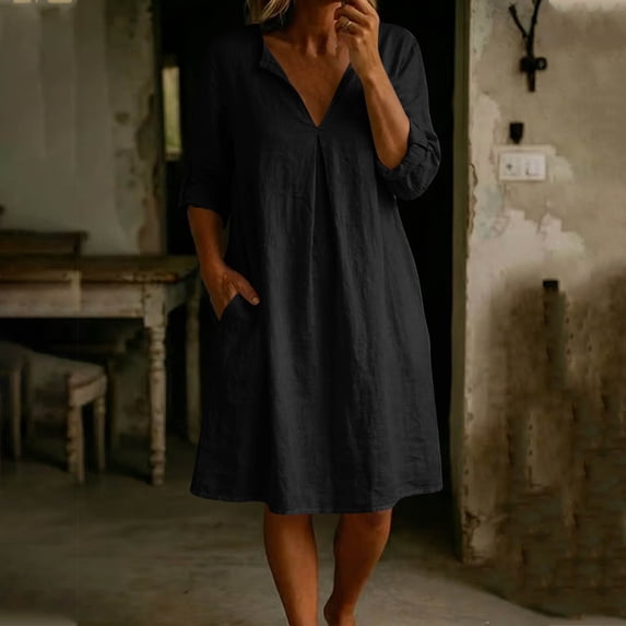 Odbmxy Midi Dress for Women Cotton Linen Long Sleeve Modest Fall Tent Dress for Women Tunic V-Neck Holiday Loose Shift