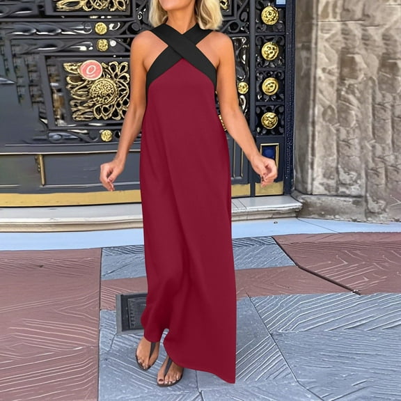 Odbmxy Midi Dress for Women Sleeveless Sheath V-Neck Plus Size Women Dresses Fancy Everyday Breathable Loose Plain Dresses,Red M