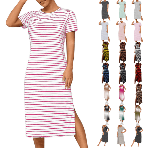 Odbmxy Midi Dresses for Women 2025 Short Sleeve T-Shirt Women's Plus Dress Casual Pockets Daytime Striped Relaxed Fit Dresses,Pink M