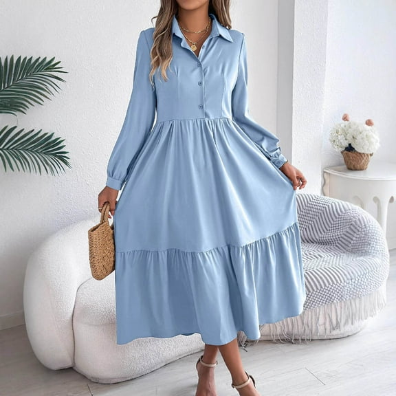Odbmxy Midi Dresses for Women Plus Size Long Sleeve Tunic Dresses for Women Plus Size Holiday Peplum Loose Button Dresses,Blue XL
