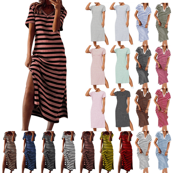 Odbmxy Midi Dresses for Women Short Sleeve T-Shirt Womens Plus Dresses Sundress V-Neck Leisure Color Block Dresses,Pink XL