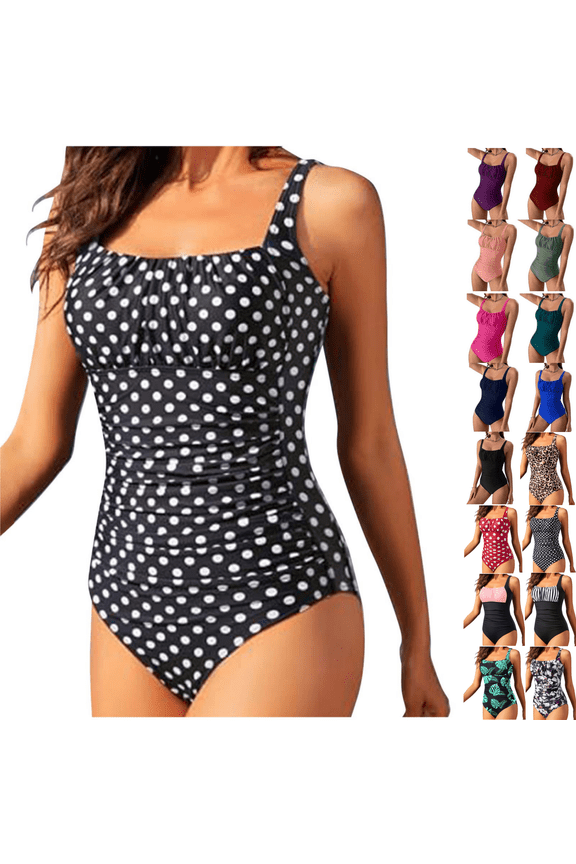 One Piece Womens Swimsuit Tummy Control Ladies Bathing Suits Polka Dots Black Party Bikinis