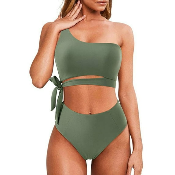 Odbmxy One Shoulder Womens 2 Piece Swimsuits Women Bathing Suit Vacation Bikini Plain Bralette Swimwear,Green M
