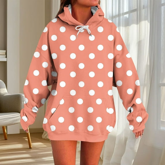 Odbmxy Orange Hoodies for Women Long Sleeve Women Tops Polka Dots Oversized Athleisure with Pocket Sweatshirts,S
