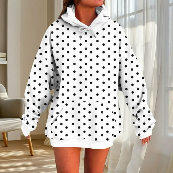 Odbmxy Oversized Hoodies for Women Long Sleeve White Womens Tops Athleisure with Pocket Polka Dots Sweatshirts,M