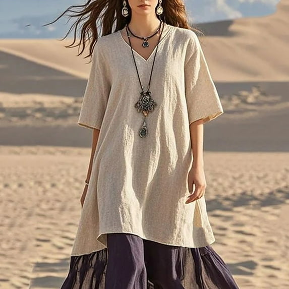 Odbmxy Oversized Midi Dresses for Women Elbow-Length T-Shirt Womens Dresses Vintage Solid Patchwork Tiered Camping Dresses,Beige M