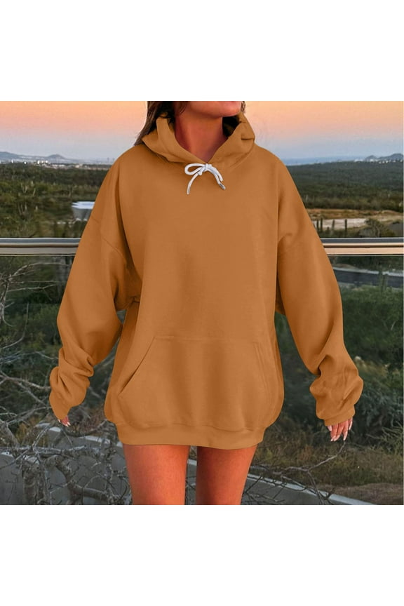 Oversized Womens Hoodies Long Sleeve Women's Sweatshirt Pullover with Pocket Solid Color Sports Brown Tops,L