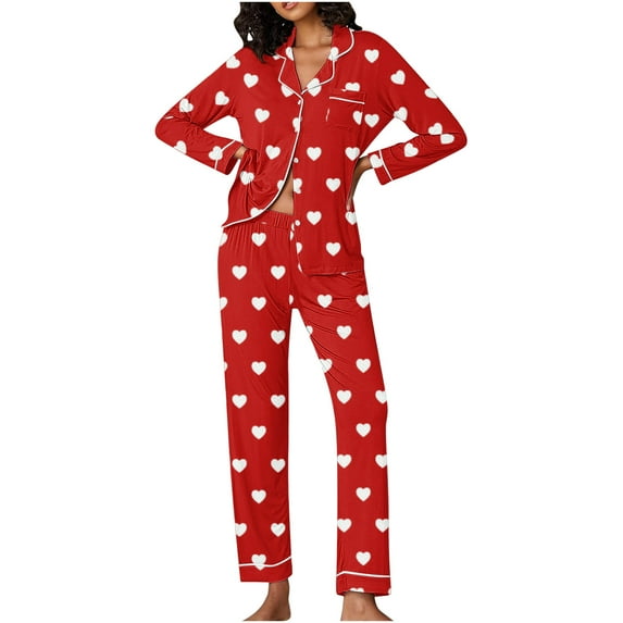 Odbmxy Pajama Sets Women Plus Size Womens Pajamas Fashion Red Loose Heart Print Button up Lounge Sets 2 PC