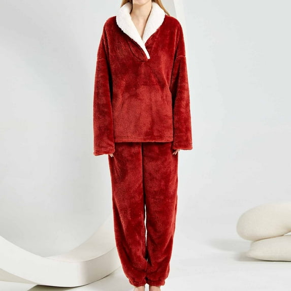 Odbmxy Pajamas for Women Winter Fuzzy Long Sleeve Pajama Sets for Women Warm Red Solid Loose Lounge Sets 2 PC