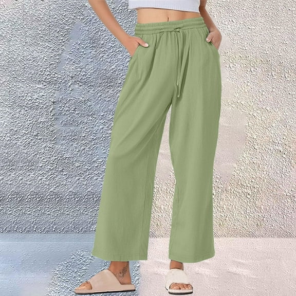 Odbmxy Pants Women Long Cotton Linen Wide-Leg Trousers Women Loose Solid Color Vacation Elastic Waist with Pockets Green Pants,3XL