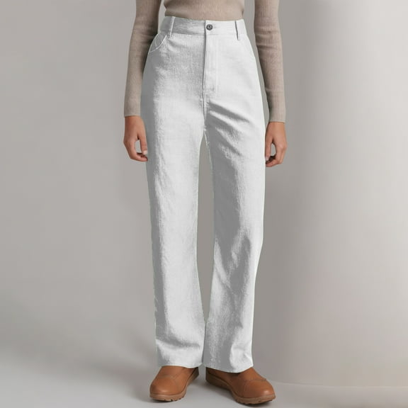 Odbmxy Pants for Women Plus Size Straight-Leg Cotton High Waist Womens Trousers Long Formal White Loose Button Dressy Pants,S