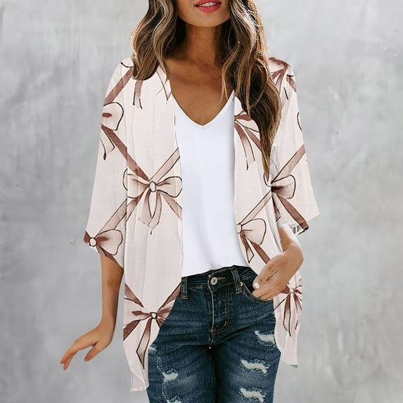 Odbmxy Plus Size Cardigans for Women Summer Lightweight Elbow-Length Tops Women Bow Print Holiday Open Front Cardigans,Gold S