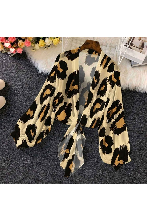 Plus Size Cardigans for Women Summer Long Sleeve Womens Shirt Puff Sleeve Loose Leopard Print Cropped Holiday Cardigans,L