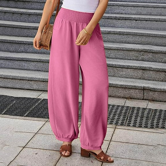Odbmxy Plus Size Pants for Women Wide-Leg High Waist Long Womens Trousers Palazzo Stretch with Pockets Workout Pink Loose Pants,S