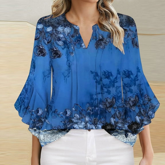 Odbmxy Plus Size Shirts for Women 3/4 Sleeve Summer Plus Size Tops for Women Floral Relaxed Fit Flared Sleeve Fancy Tops,Blue S
