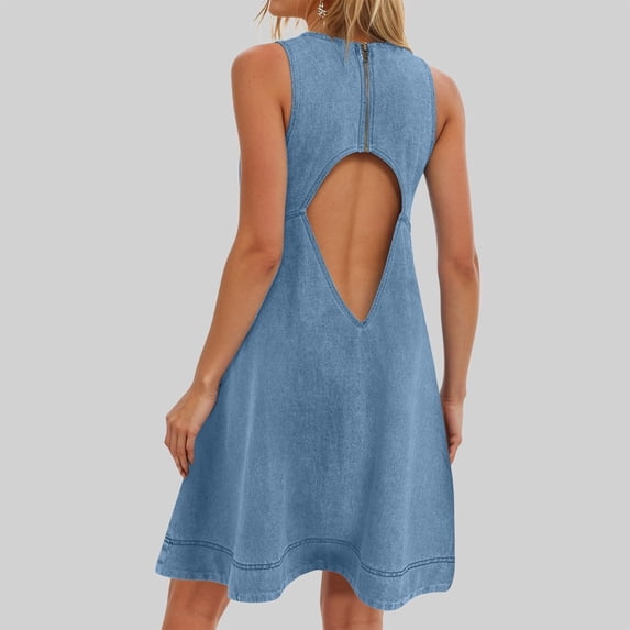 Odbmxy Plus Size Sundresses for Women Denim Modest Sleeveless Mini Dresses for Women Blue Holiday Summer Tank Dress