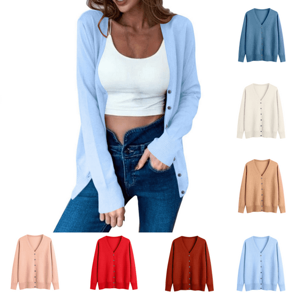 Odbmxy Plus Size Sweaters for Women Long Sleeve Sweater Cardigan Women Blue Soft Relaxed Fit Button up Solid Sweaters