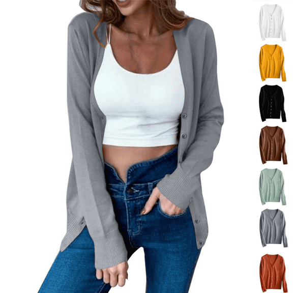 Odbmxy Plus Size Sweaters for Women Long Sleeve Sweater Cardigan Women Gray Knit Loose Button up Solid Color Sweaters