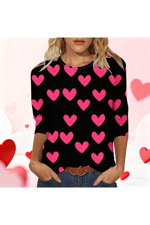 Plus Size Tshirts Women 3/4 Sleeve Valentine's Day Womens Tops Heart Print Loose Vacation Romantic Leisure Tops Black