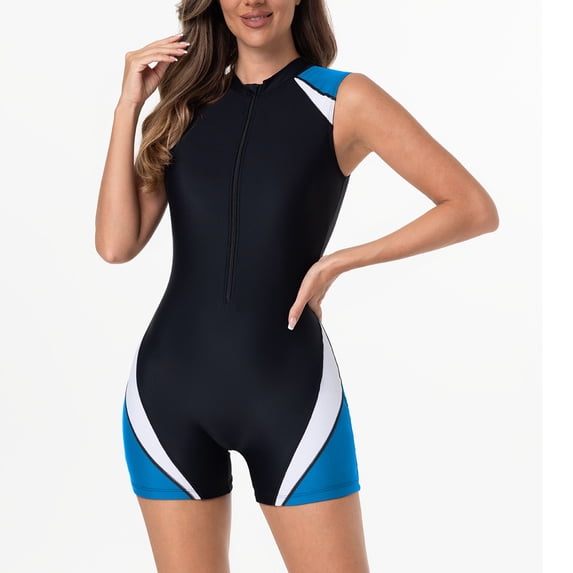 Odbmxy Plus Size Women Wetsuits Summer Rash Guard Women's One-Piece Swimsuits Zipper Color Block Blue Athletic Surf Suit