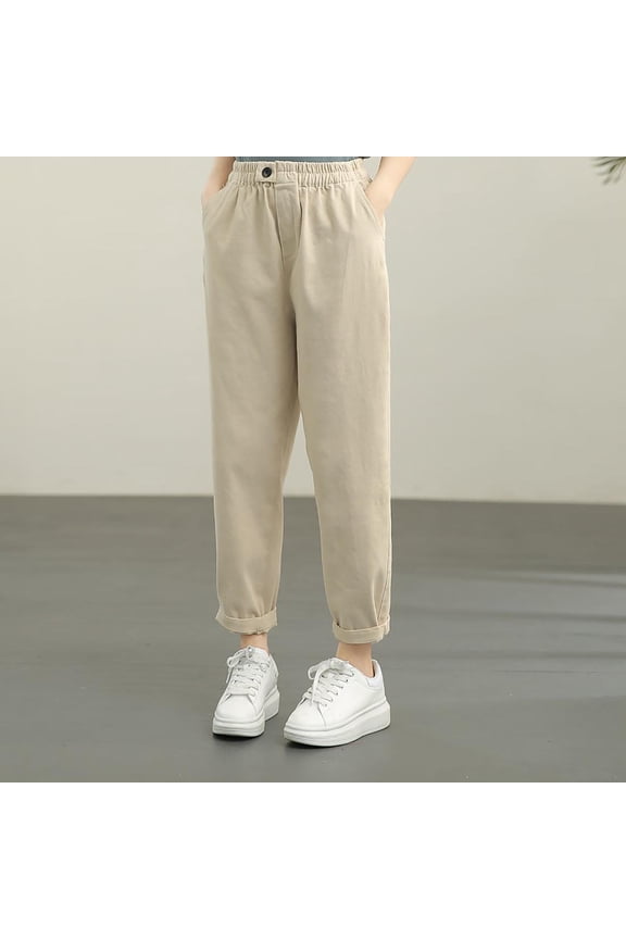 Plus Size Womens Pants Long Cotton Elastic Waist Womens Trousers Solid Beige Slim-Leg Business with Pockets Loose Pants,XXL