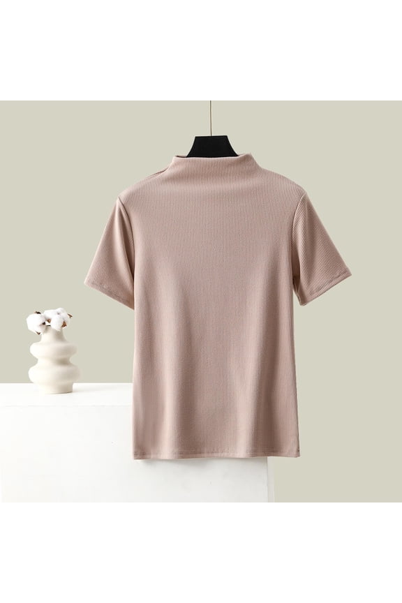 Plus Size Womens Shirts Short Sleeve Turtleneck Summer Womens Top Yellow Casual Plain Warm Slim Layering Fleece Tops