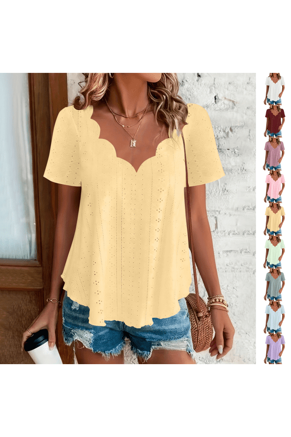 Plus Size Womens Shirts Summer V-Neck Short Sleeve Blouses for Women Fancy Solid Color Ruffles Yellow Holiday Leisure Tops