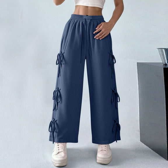 Odbmxy Plus Womens Pants Long Wide-Leg Trousers for Women Blue Elastic Waist Palazzo Casual Loose Solid Sports Pants,S