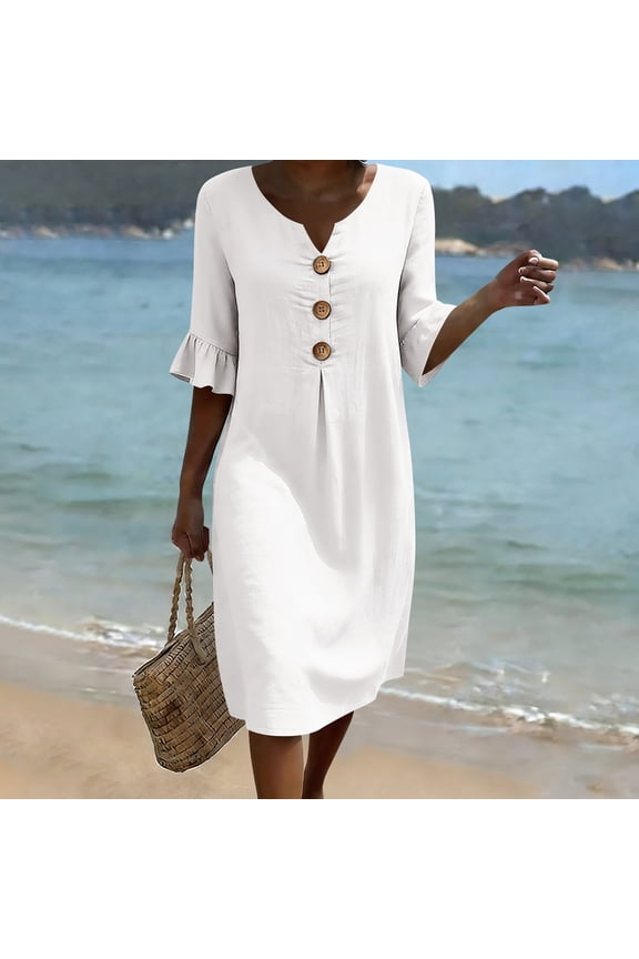 Sheath Midi Dresses for Women Elbow-Length Summer Tunic Classy Dresses for Women Vacation Solid Color Ruffles