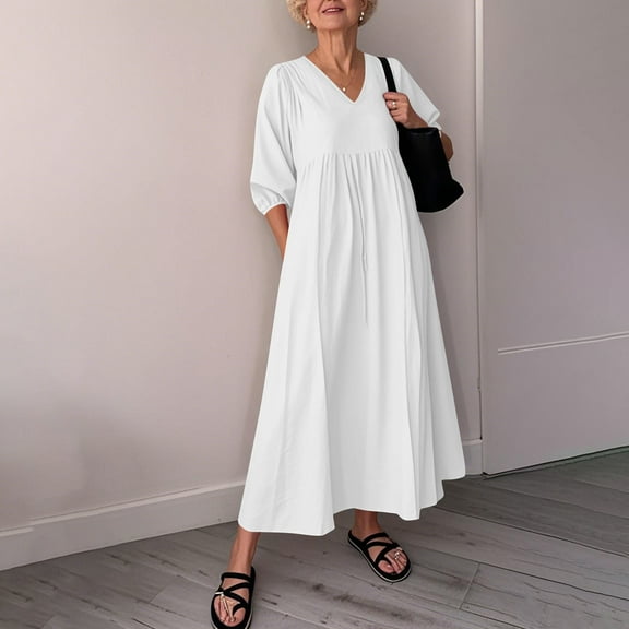 Odbmxy Shirt Dress Midi Dresses for Women Cotton Linen Oversized 3/4 Sleeve Womens Dresses Tunic with Pockets Dresses,White M
