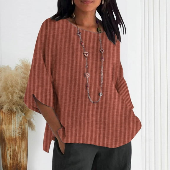 Odbmxy Shirts for Women 2025 Summer Cotton 3/4 Sleeve Tops for Women Plus Size Workout Daytime Loose Casual Striped Tops,Red 3XL